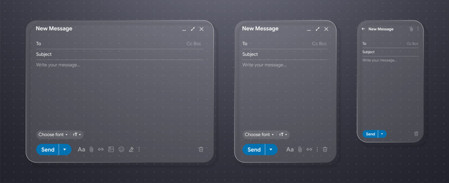 Set of liquid glass new mail message user interface screen with responsive desktop, tablet and smartphone compose windows template for web application. Empty email window mockup vector