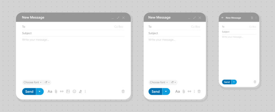 Set of new mail message user interface screen with responsive desktop, tablet and smartphone compose windows template for web application. Empty email window mockup vector