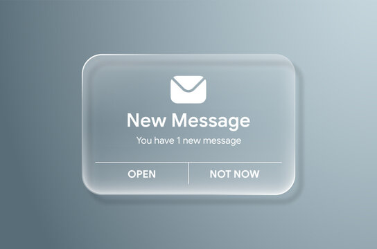 Liquid glass smartphone mockup with new message notification concept. New message alert and reminder popup window. Modern mobile app alert message ui interface element on transparent background