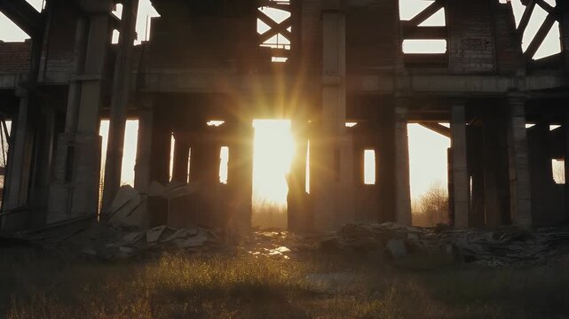 Sunlight cutting through the gaps of a broken bridge 