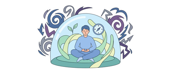 Fototapeta premium Person Meditating Inside Protective Glass Dome Amidst Chaotic Storm
