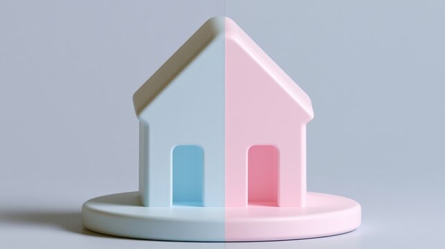 A 3d render of a duplex house split into pastel halves on a smooth round base against a gray pink backdrop.