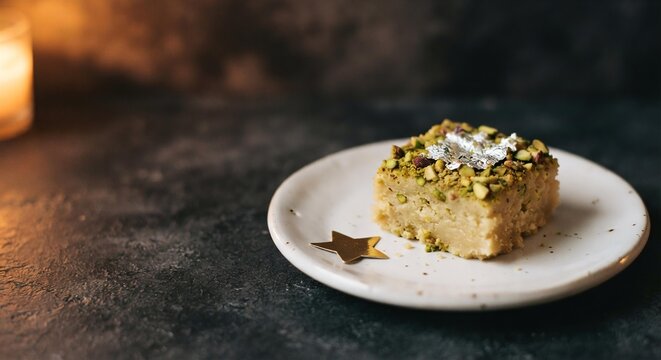Single Kalakand Milk Cake with Pistachios on White Plate, Diwali Festival Celebration Concept