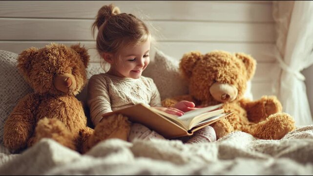 Adorable child sitting in bed with her stuffed animal friends, enjoying a story before bedtime