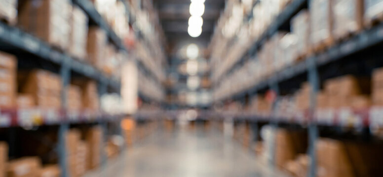 A blurred view of a warehouse interior showcasing multiple rows of shelves filled with stacked boxes, illustrating a busy storage environment.