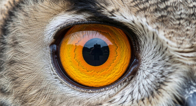 Macro close-up of a wild owl's vibrant orange eye, reflecting nature and feathered detail.