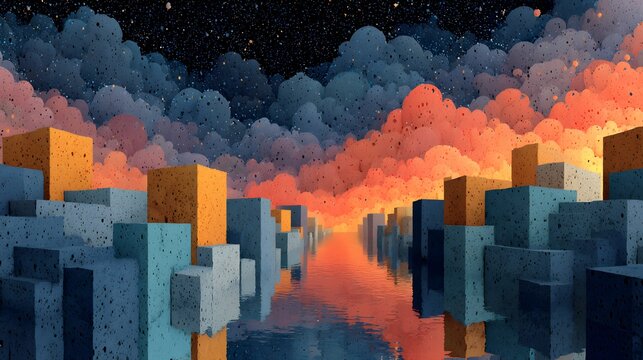 Abstract 3D landscape of geometric blue and orange sponge cubes standing in water under a stormy sunset sky.