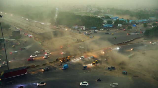 Heavy smog over Delhi NCR highway. Air pollution haze covering traffic in Noida and Ghaziabad.