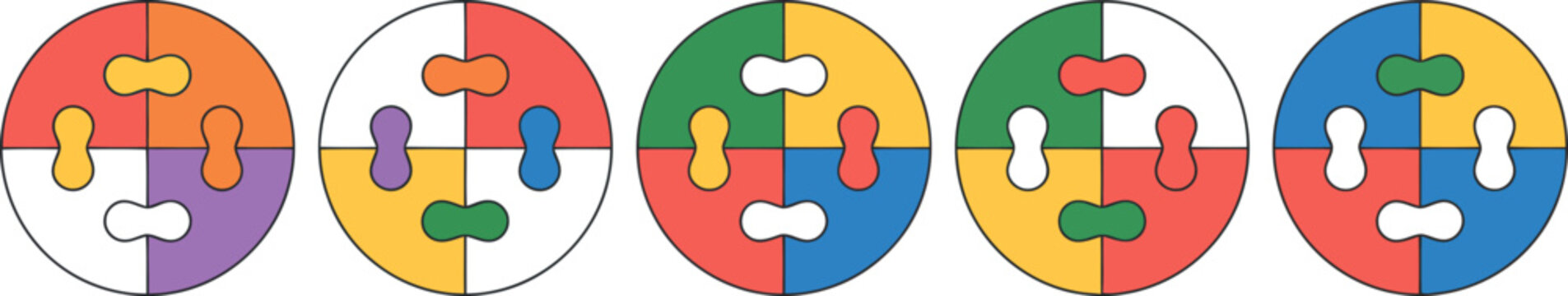 Five circular puzzle pieces with interlocking shapes in red orange yellow Transparent Background