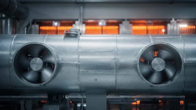 Medium shot of a transmitter ventilation system showing airflow ducts and spinning fans with glowing heat exchangers blurred in the background during a summer routine check.