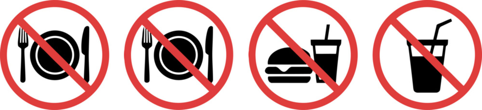 Four black prohibition signs showing no eating no drinking no food no Transparent Background
