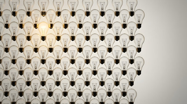 One illuminated light bulb highlighted in a grid of unlit bulbs representing inspiration and ideas
