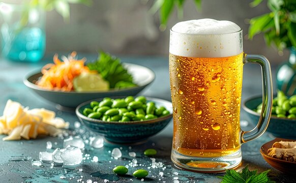 冷えた生ビールと枝豆のおつまみセット
