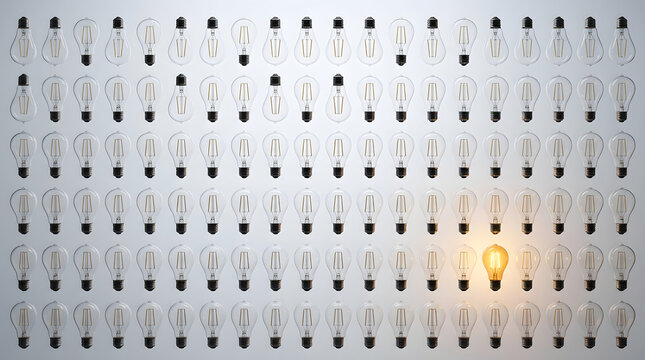 Row of unlit incandescent light bulbs with one illuminated bulb standing out stand out inspiration
