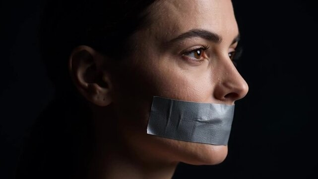 Young woman with silver duct tape over her mouth representing censorship and silence on black background