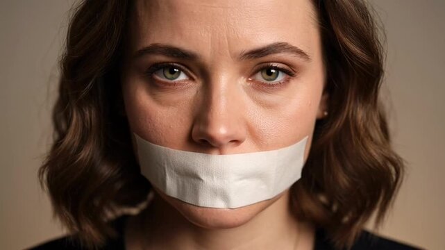 Young woman with white adhesive tape over her mouth looking at camera with distressed expression
