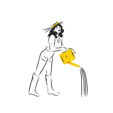 Hand drawn vector graphic sketch line illustration with woman is watering with a watering can .Gardening concept vector graphic illustration line art. Cute garden person drawing,isolated.
