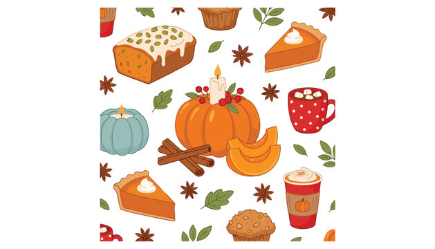 Cozy autumn seamless pattern with pumpkin pie cake hot chocolate muffins cinnamon star anise leaves and thanksgiving treats decoration.