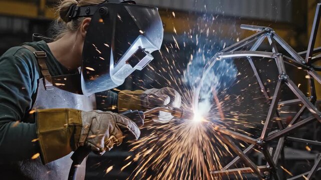Woman welder expertly fabricating metal structure, generating intense sparks and bright light during welding process in industrial workshop setting