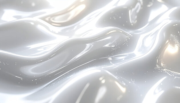 Abstract flowing liquid metal surface with bright reflections and highlights, elegant and fluid motion, pristine white and silver tones