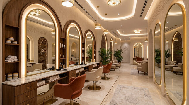 Luxury Beauty Salon Interior with Mirrors, Chairs, Plants and Decor