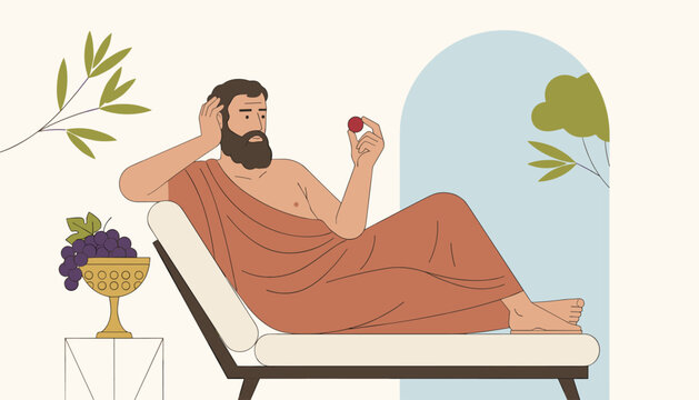 Ancient Greek philosopher or Roman nobleman lying comfortably on couch holding grape next to fruit bowl and classical arch.