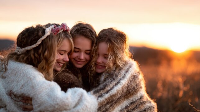 Capturing the essence of friendship, three young girls embrace each other tightly against a breathtaking sunset backdrop, radiating warmth, joy, and an unbreakable bond of love.