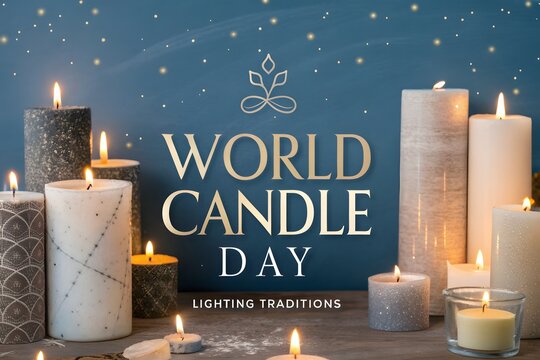 World candle day festive background featuring assorted decorative burning wax pillars