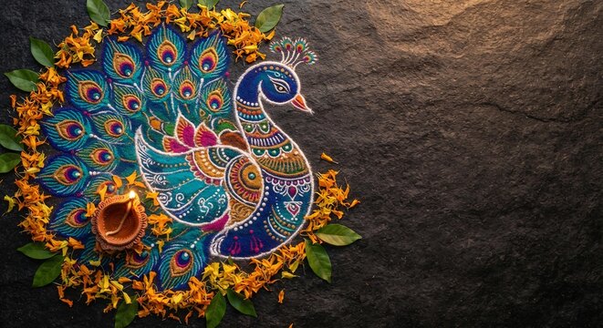 Peacock Rangoli Design with Lit Diya and Marigold Flowers for Diwali Festival, Traditional Home Decor Background