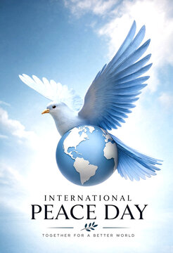 Beautiful white dove flying with globe symbolizing international peace day and unity together