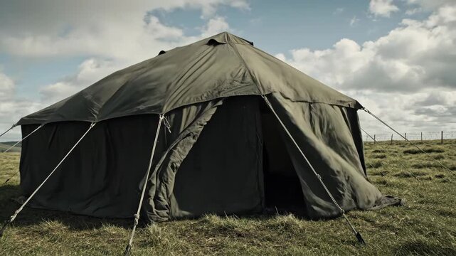 Large military canvas tent pitched on green grassy field under cloudy sky, temporary outdoor shelter for remote area operations.