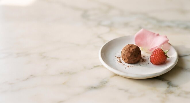 Single Chocolate Truffle with Raspberry and Rose Petal on Marble, Romantic Valentine's Day Greeting Card Background