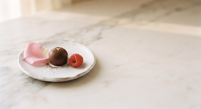 Single Chocolate Truffle with Gold Leaf and Raspberry on Marble, Luxury Valentine's Day Dessert Concept