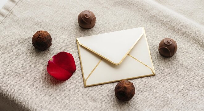 Elegant Valentine's Day Flat Lay with Cream Envelope and Chocolate Truffles, Romantic Greeting Card Concept