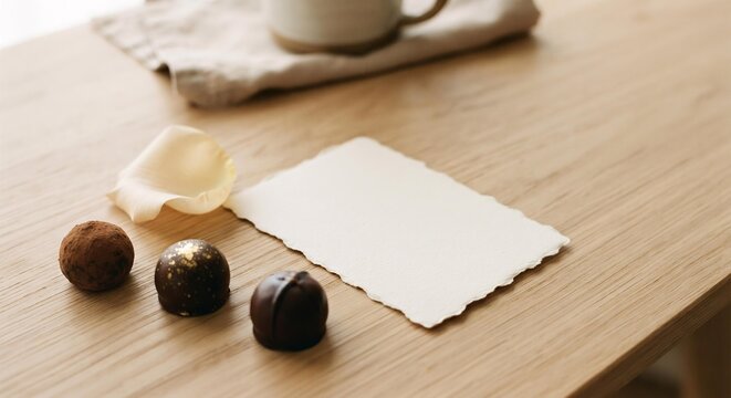 Blank Note Card with Chocolate Truffles and Rose Petal on Wooden Table, Romantic Valentine's Day Greeting Card Template
