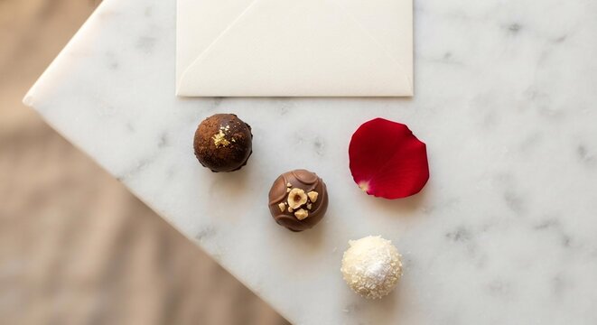 Valentine's Day Flat Lay with Chocolate Truffles and Love Letter on Marble, Romantic Greeting Card Template