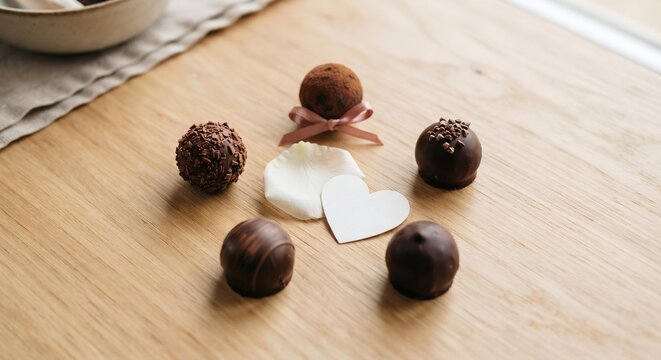 Assorted Chocolate Truffles with Heart Note on Wooden Table, Romantic Valentine's Day Greeting Card Background