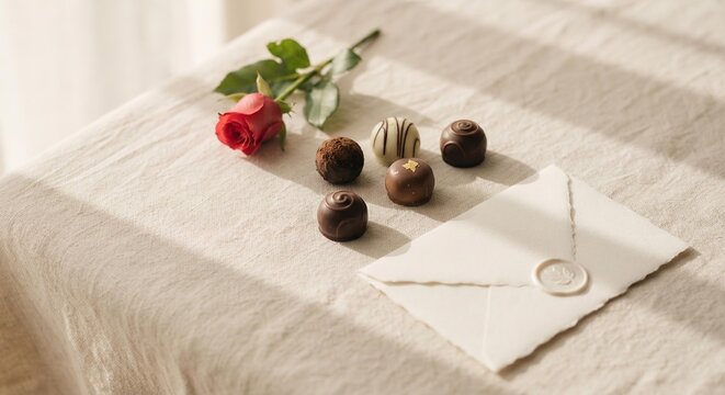 Romantic Valentine's Day Flat Lay with Red Rose, Gourmet Chocolates and Sealed Love Letter, Elegant Anniversary Concept