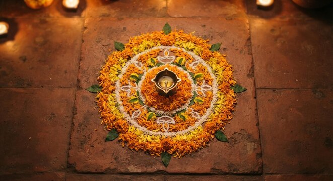 Traditional Diwali Rangoli with Marigold Flowers and Brass Diya on Stone Floor, Festive Home Decor Concept