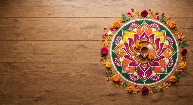 Colorful Rangoli Lotus Design with Clay Diya on Wooden Floor, Diwali Festival Celebration Background