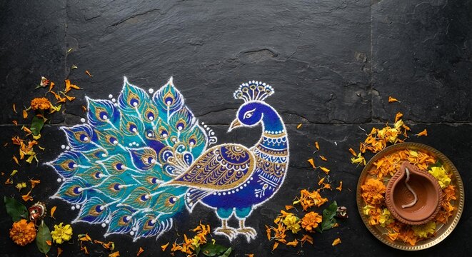 Peacock Rangoli Art with Marigold Flowers and Diya for Diwali Festival Celebration, Traditional Indian Home Decor Background