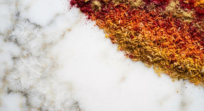 Colorful Rangoli Powder Gradient on White Marble Surface, Festive Home Decor Background for Diwali Celebration