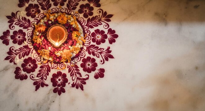 Traditional Indian Rangoli with Lit Diya on Marble Floor, Diwali Festival Celebration Background for Social Media Marketing