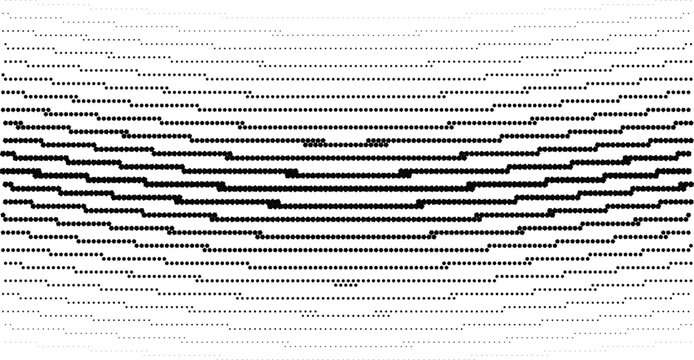 Curved horizontal lines made of black halftone dots with a stepped gradient effect on a white background, for abstract textures