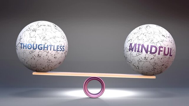 Thoughtless and mindful in balance - balancing stones on a scale symbolizing harmony, equity and equilibrium between thoughtless and mindful. Harmonious and beneficial situation.