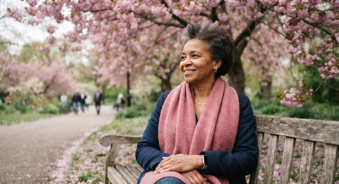 Middle-Aged African American Woman Smiling in Park, Breast Cancer Survivor Portrait and Wellness Concept