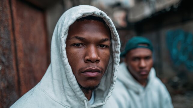 The image showcases two men in hoodies staring directly at the camera against an urban backdrop, capturing a sense of confidence and style in a gritty and expressive setting.