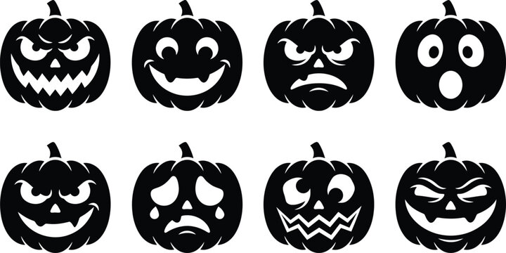 Halloween jack o lantern pumpkin emotions icon set. scary monster face pumpkin, happy smiling pumpkin, angry grumpy pumpkin, surprised shocked pumpkin, evil grinning pumpkin, crying sad pumpkin, crazy