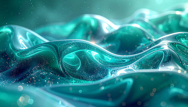 Abstract teal liquid waves with sparkling particles and glowing light bokeh effect