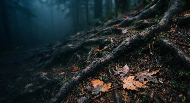 Gnarled Tree Roots on Forest Floor with Autumn Leaves, Spooky Halloween Background for Seasonal Marketing